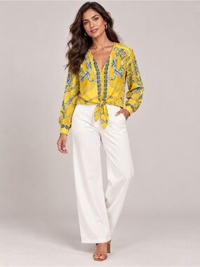 Anthropologie Maeve Elan Scarf Top Women’s Size 10 Yellow Front Tie Blouse Shirt